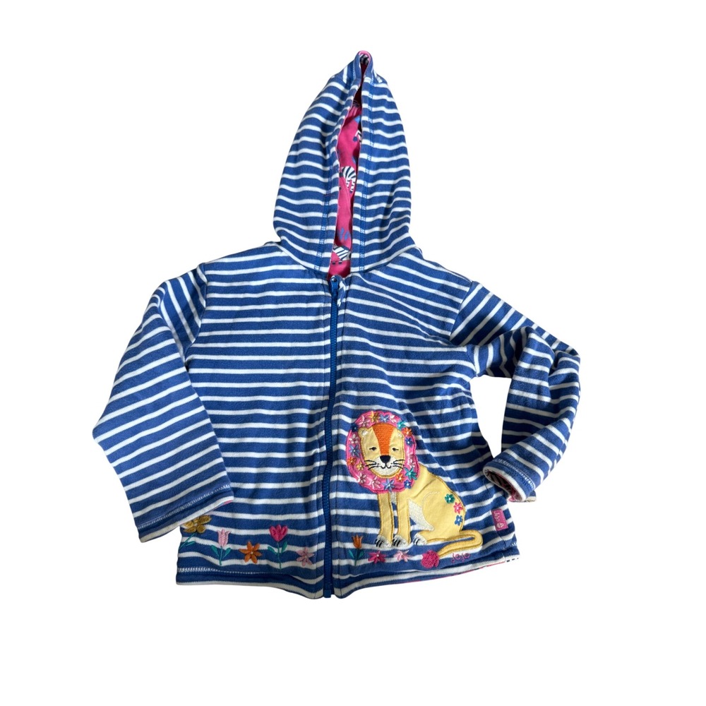 JoJo Maman Bebe Reversible Hoodie Blue Stripe Pink Zebra Lion Girls 18-24 Months